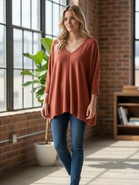 Women’s Eileen Fisher Burnt Orange Linen Sweater XL Tunic Assymetrical Lagenlook
